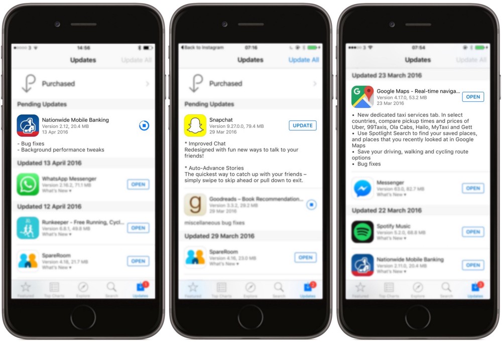 Three iPhones showing various app store screenshots