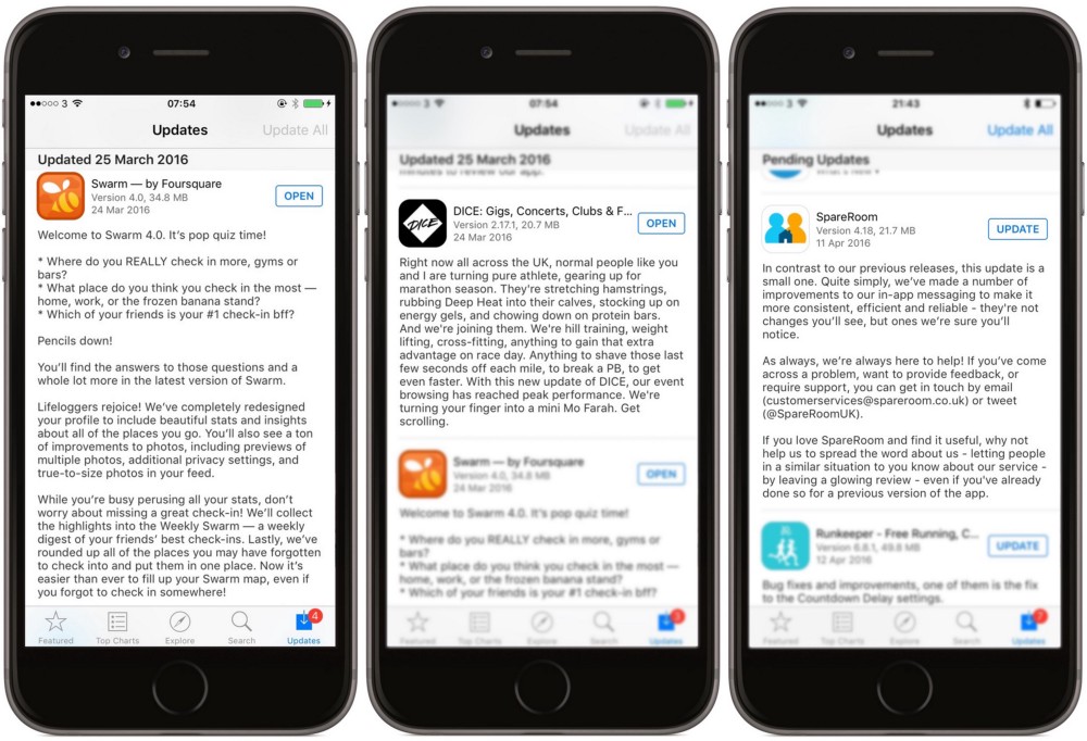 Three iPhones showing various app store screenshots